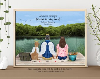 Puede incluir: Una impresión conmemorativa que presenta una escena de lago con un hombre, una mujer y un perro pescando. El texto dice "Siempre en mi mente Para siempre en mi corazón... En memoria cariñosa de David Sebren".