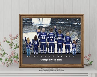 Personalized Hockey Family Portrait, Grandpa Hockey Gift, Toronto Maple Leafs Art, Christmas Gift for Hockey Lovers, Custom Ice Hockey Print
