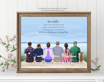 Puede incluir: Una impresión enmarcada con una ilustración de acuarela de seis personas de pie en una playa con un perro. La impresión tiene un fondo azul y el texto "Dear Sister. Sadly missed along life's way, quietly remembered every day..... No longer in our life to share, but in our hearts you're always there." Los nombres de las personas y el perro están escritos debajo de la ilustración.