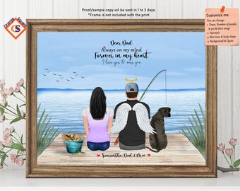 Puede incluir: Una ilustración digital de una pareja y un perro de pie en un muelle de madera con vistas a un lago. El hombre tiene alas de ángel y un halo. El texto dice "Querido papá, Siempre en mi mente, Para siempre en mi corazón, Te amo y te extraño".
