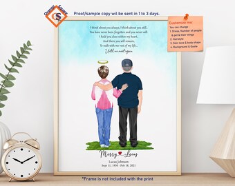 Puede incluir: Una impresión enmarcada que representa a una pareja, una con alas de ángel y un halo, abrazándose. La impresión incluye un poema y los nombres "Merry & Lucas" con una fecha. El texto "Customize me" está en una nota adhesiva. El logotipo de Orange Square está en la esquina superior izquierda.