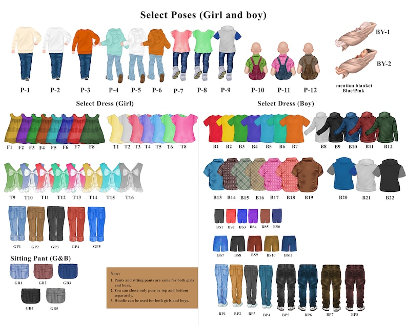 May include: A chart with illustrations of different poses, clothing options, and accessories for creating a custom family portrait. The chart includes poses for girls and boys, dresses, trousers, and sitting trousers. The text on the chart says "Select Poses (Girl and boy)", "Select Dress (Girl)", "Select Dress (Boy)", and "Sitting Pant (G&B)".
