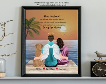 Puede incluir: Una impresión enmarcada con una escena de playa al atardecer y una pareja con un perro. El texto dice "Querido esposo, Estás cerca, incluso si no te veo. Estás conmigo, incluso si estás lejos. Estás en mi corazón, en mis pensamientos, En mi vida siempre." Los nombres "Bella, Winston, Lauren" están escritos debajo de la pareja.
