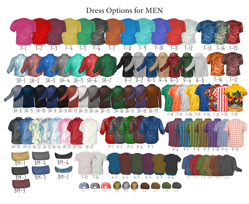 May include: A chart displaying a range of clothing options for men, featuring t-shirts, long-sleeved shirts, hoodies, and hats. The chart is categorised and showcases a diverse selection of colours and patterns.