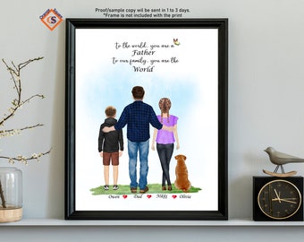 May include: A personalised family portrait illustration featuring a father and three children, including a dog. The illustration is in a watercolour style with a blue sky background. The text reads "To the world, you are a Father. To our family, you are the World."