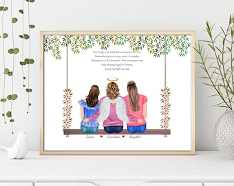 Puede incluir: Una ilustración digital de tres mujeres en un columpio. La mujer del medio tiene alas de ángel y un halo. El texto dice "Tus alas estaban listas pero nuestros corazones no... Recordarte es fácil, lo hacemos todos los días. Echarte de menos es el dolor que nunca se va. Sigue brillando en el cielo, porque puedes iluminar nuestro camino." Los nombres Jamie, Grandma y Raychel están escritos debajo de las mujeres.