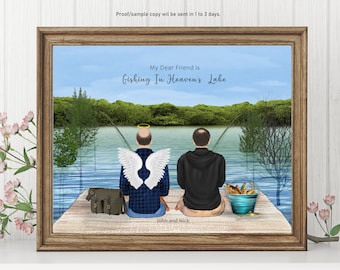 Puede incluir: Una ilustración enmarcada de dos hombres pescando en un lago. Uno de los hombres tiene alas de ángel y un halo. El texto dice "Mi querido amigo está pescando en el lago del cielo" y "John y Nick".