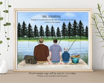 Puede incluir: Una ilustración de acuarela de tres generaciones de personas pescando. La ilustración presenta a un abuelo, un padre y un hijo pescando desde un muelle. El texto "Three Generations" está en la parte superior de la ilustración, y el texto "Family is a connection to the life, a tie to the past and a road to the future" está debajo de la ilustración. Los nombres "Grandpa", "Dennis Jr" y "Bryce" están escritos debajo de las figuras.