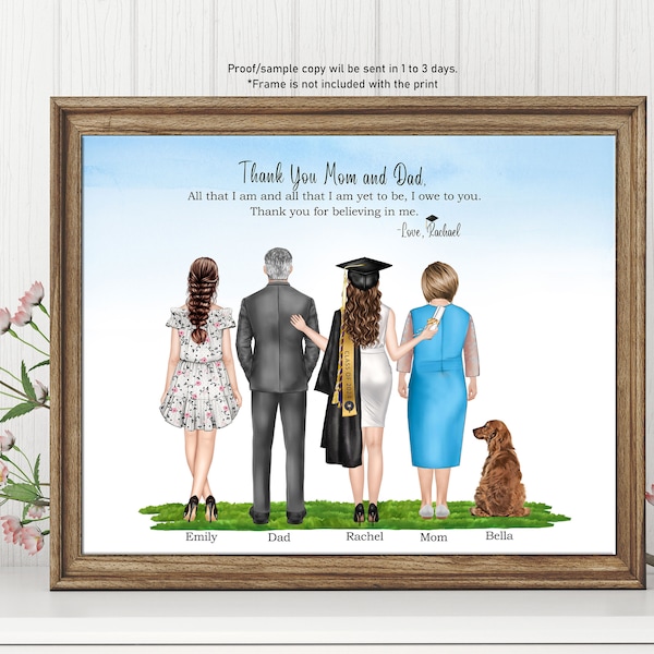 Graduate Girl with Parents & Pets Poster-Appreciation Gifts for Mom Dad-thank you card-Custom College Graduation 2023 Print Gift-Grad Gift