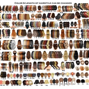 May include: A chart featuring 48 different hairstyles for women. The chart is labelled "Color & Length of Hairstyle Can Be Changed". Each hairstyle is numbered 1 through 8.
