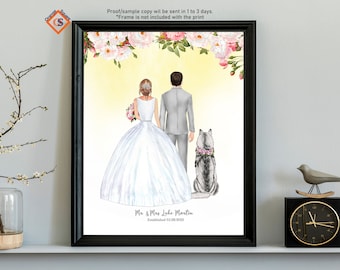 May include: A watercolour illustration of a bride and groom in wedding attire, standing with their dog. The couple are holding hands and the dog is wearing a flower collar. The background is a yellow floral design. The text below the couple reads "Mr & Mrs Jude Marlin Established 05/28/2022".