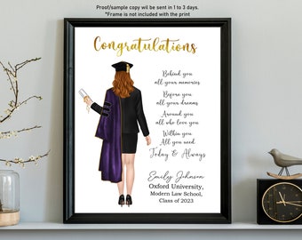 May include: A printable graduation congratulations card featuring a purple and black graduation gown, a gold cap, and a diploma. The text reads "Congratulations" in gold lettering and includes a poem about memories, dreams, love, and all you need. The card is personalised with the name "Emily Johnson", "Oxford University", "Modern Law School", and "Class of 2023".