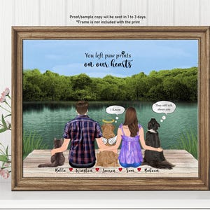 May include: A digital illustration of a couple and their pets sitting on a jetty overlooking a lake. The text "You left paw prints on our hearts" is at the top of the image. The couple are sitting with their arms around their pets. The pets are a cat, a dog, and a golden retriever. The names of the pets are written below them: Bella, Winston, Jauren, Sam, and Rabeen.