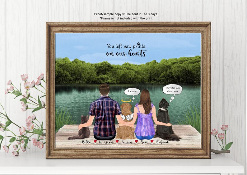 May include: A digital illustration of a couple and their pets sitting on a jetty overlooking a lake. The text "You left paw prints on our hearts" is at the top of the image. The couple are sitting with their arms around their pets. The pets are a cat, a dog, and a golden retriever. The names of the pets are written below them: Bella, Winston, Jauren, Sam, and Rabeen.
