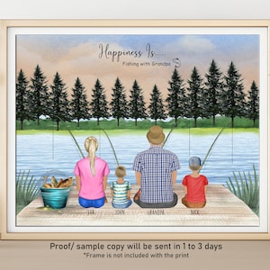 Custom Fathers day Gift, Personalized Fishing Portrait, Grandpa Fishing Gift, Grandkids Fishing Gift, Dad Fishing with Grandkids,Gift to Dad