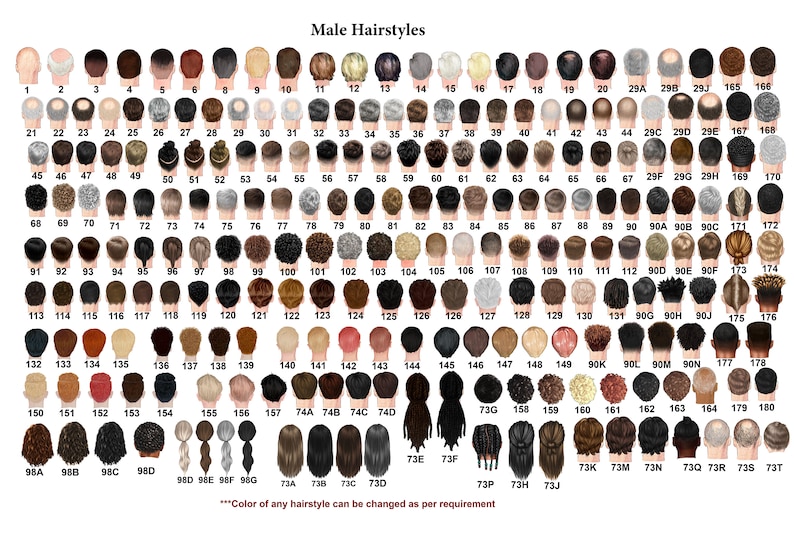 May include: A chart displaying 180 different male hairstyles, numbered and labelled. The hairstyles are shown from the back of the head. The text at the bottom of the chart reads "***Color of any hairstyle can be changed as per requirement***".