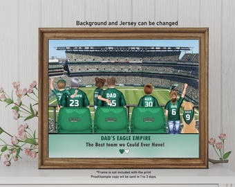 Personalized Eagles Family Portrait, Custom Philadelphia Eagles Fan Art Print, Eagles Lover Dad Family Football Decor, Unique Family Gift,