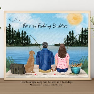 Personalized Father Day Gift, Fathers day Print, Father Fishing with Mom, Fishing Buddies,Dad with Family & Dog,Gift to Dad,Fishing with Dad