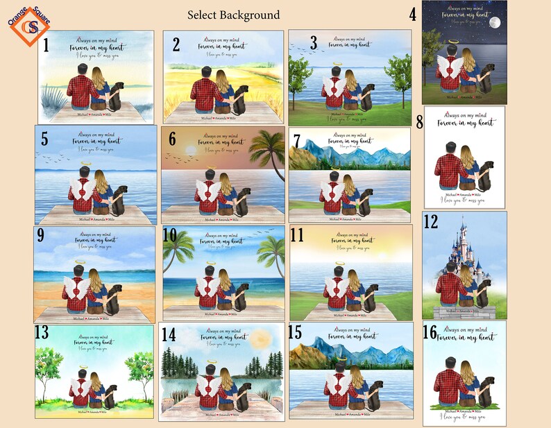 May include: A selection of 16 different backgrounds for a personalised pet memorial. The backgrounds include a variety of settings, such as a beach, a forest, a mountain range, and a castle. The text "Always on my mind, Forever in my heart" is included in each background.