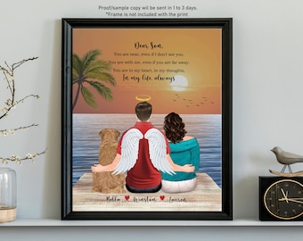 Puede incluir: Una ilustración enmarcada de una pareja de pie en una playa con un perro. El hombre lleva una camisa roja y tiene alas de ángel. La mujer lleva una camisa turquesa. El texto dice "Querido hijo, Estás cerca, incluso si no te veo. Estás conmigo, incluso si estás lejos. Estás en mi corazón, en mis pensamientos, En mi vida, siempre". Los nombres Bella, Winston y Lauren están escritos debajo de la pareja.