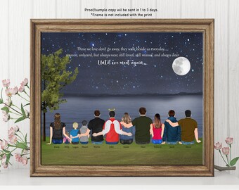 Puede incluir: Una ilustración digital de una familia de nueve personas de pie frente a un lago por la noche. El cielo es azul oscuro con estrellas blancas y una luna llena. La familia está silueteada contra el lago y el texto "Those we love don't go away, they walk beside us everyday... unseen, unheard, but always near, still loved, still missed, and always dear Until we meet again..." está escrito en la parte superior de la imagen.
