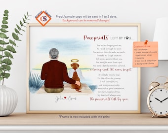 Puede incluir: Una ilustración de acuarela de un hombre y un perro sentados en un banco junto al océano. El perro tiene alas de ángel y un halo. El texto dice "Pawprints Left By You..." e incluye un poema sobre la pérdida de una mascota. El texto "Customize Me" también se incluye con opciones de personalización.