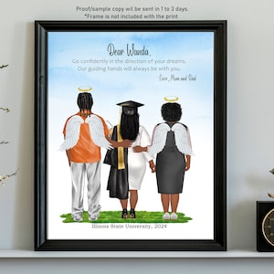 May include: A graduation print with a black graduate in a cap and gown, standing between two figures with angel wings. The text reads "Dear Wanda, Go confidently in the direction of your dreams. Our guiding hands will always be with you. -Love, Mom and Dad" and "Illinois State University, 2024".