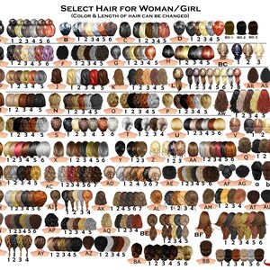 May include: A chart displaying 50 different hairstyles for women and girls. Each hairstyle is numbered and labelled with a letter. The hairstyles are a variety of lengths and colours, including blonde, brown, black, red, and grey.