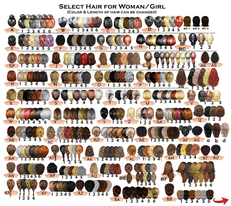 May include: A chart displaying 50 different hairstyles for women and girls. Each hairstyle is numbered and labelled with a letter. The hairstyles are a variety of lengths and colours, including blonde, brown, black, red, and grey.