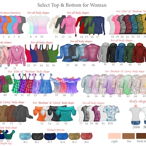 May include: A chart displaying various tops and bottoms for women, categorised by body shape: slim, medium, and curvy. The chart also includes a section for skin tone. The chart is labelled "Select Top & Bottom for Woman".