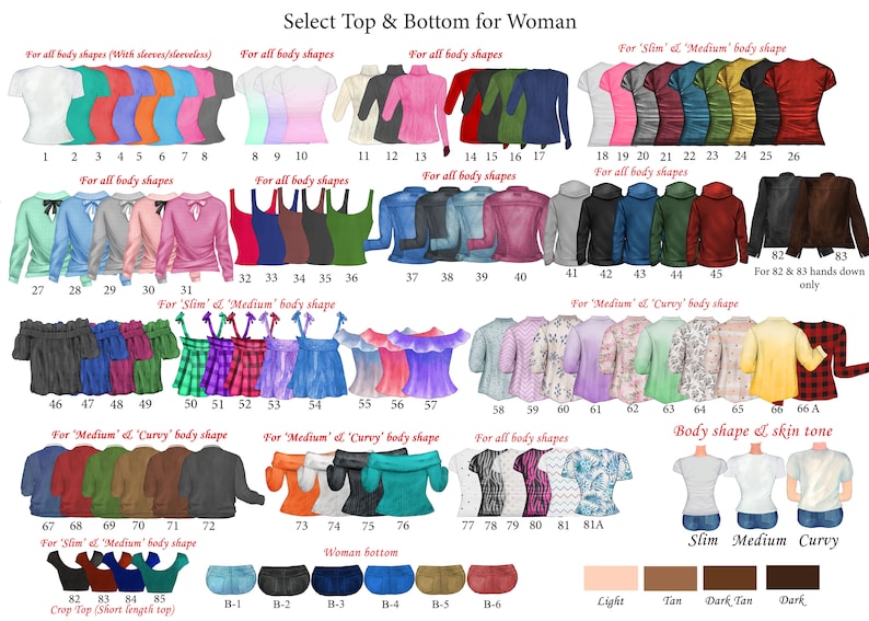 May include: A chart displaying various tops and bottoms for women, categorised by body shape: slim, medium, and curvy. The chart also includes a section for skin tone. The chart is labelled "Select Top & Bottom for Woman".