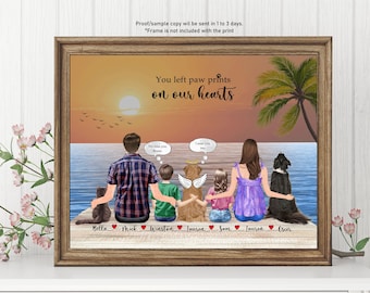 Puede incluir: Una ilustración digital de una familia con sus mascotas. La familia está de pie en una playa al atardecer. El texto "You left paw prints on our hearts" está en la parte superior de la imagen. Los nombres de los miembros de la familia y las mascotas están listados debajo de la imagen.
