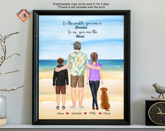 Puede incluir: Una ilustración de acuarela de una familia de cuatro personas caminando por una playa. El padre lleva una camisa hawaiana y sostiene las manos de sus dos hijos. Los niños son un niño y una niña. La familia tiene un perro con ellos. El texto dice "Para el mundo, eres un abuelo. Para nosotros, eres el mundo." Los nombres Owen, Grandad, Nikki y Olivia están escritos debajo de la familia.