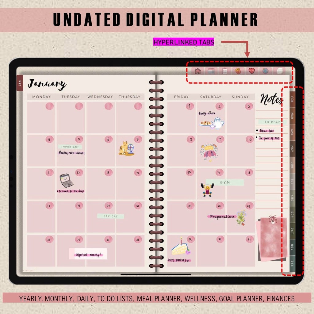 UNDATED Digital Planner With Hyperlinked Tabs for Goodnotes - Etsy