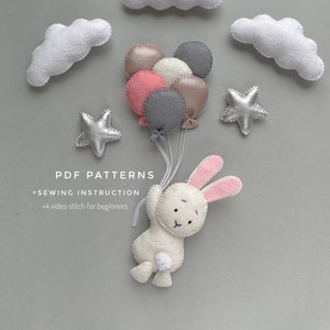 Set of 4 Bunny plush pdf  felt pattern baby mobile nursery plush pattern kawaii bunny toys  baby ornament DIY felt mobile video stitch