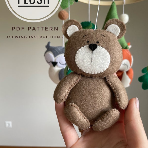 Bear plush felt sewing pdf pattern kawaii plush teddy bear ornament woodland animals tutorial and video felt craft cute animals diy decor