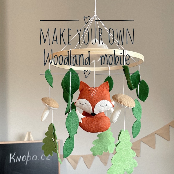 Make your own Baby mobile nursery fox plush woodland animal sewing diy kit crib mobile handmade gift baby shower felt adult craft kit