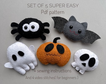 Set of 5 pdf felt sewing pattern Halloween ornament monster plush pattern pumpkin felt garland halloween decor for kids handmade plushie toy