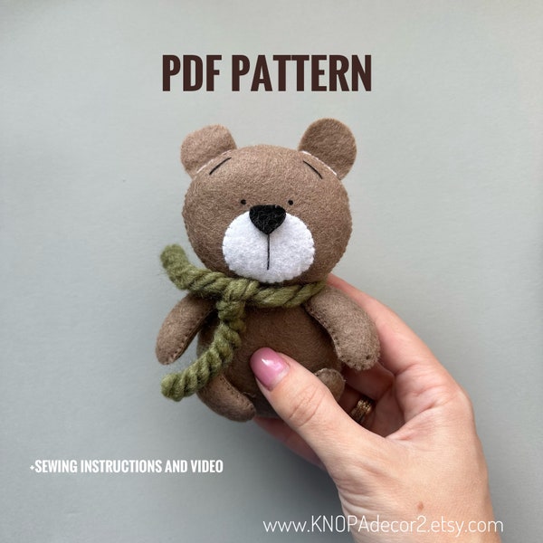 Bear plush PDF felt sewing pattern kawaii plush teddy bear ornament woodland animals tutorial and video felt craft cute animals diy decor