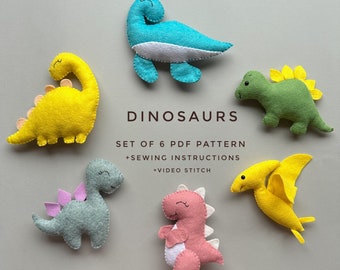 Set of 6 dinosaur plush pattern felt sewing pdf pattern Dino ornament gift  handmade plush toy kawaii plushie baby mobile dinosaur nursery