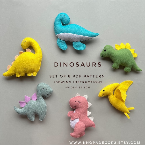 Set of 6 dinosaur plush pattern felt sewing pdf pattern Dino ornament gift  handmade plush toy kawaii plushie baby mobile dinosaur nursery