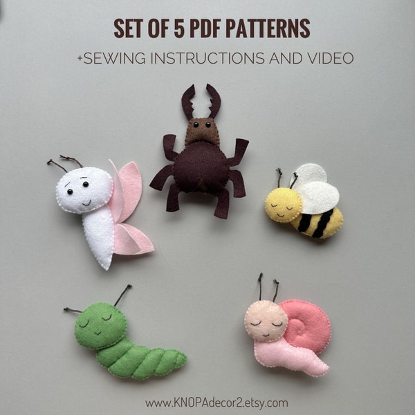 Set of 5 pdf pattern insects ornament felt garden animals plushie pattern funny ornaments butterfly cute handmade bee plush snail sewing