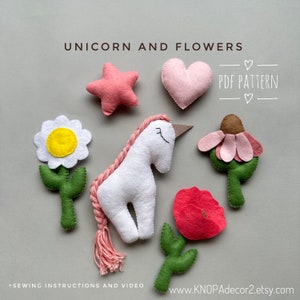 May include: A PDF pattern for sewing felt toys, including a unicorn, a heart, a star, and three flowers. The pattern includes sewing instructions and a video.  PDF PATTERN.