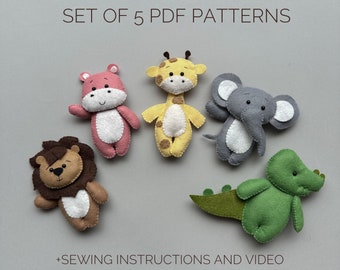 Set of 5 pdf pattern safari animals funny ornament handmade baby nursery felt animals elephant plush pattern lion and giraffe plushie hippo