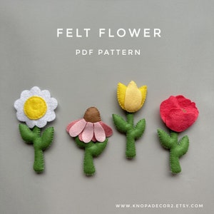 Set of 4 pdf pattern felt flowers decor plush pattern felt cute ornament kawaii  handmade plushie girl nursery felt flower garland tutorial