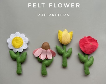 Set of 4 pdf pattern felt flowers decor plush pattern felt cute ornament kawaii  handmade plushie girl nursery felt flower garland tutorial