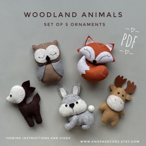 Set of 5 pdf Woodland animals baby mobile pattern fox plush bear toy funny ornament handmade gift felt animals plushie pattern cute plush