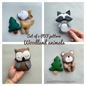 Set of 5 pdf pattern woodland animals bear plush felt sewing pattern owl plushie funny ornament raccoon plush felt pattern handmade ornament