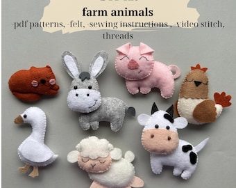 Kit de costura de fieltro de animales de granja, kit de manualidades de animales de granja para niños y adultos, proyecto de costura a mano con patrón, tutorial de juguetes de peluche kawaii