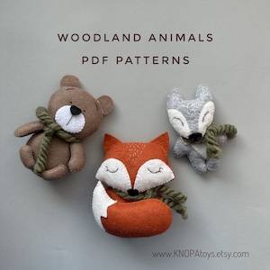 Woodland animals plush pattern fox and bear ornament felt sewing tutorial wolf plush pattern baby mobile pattern handmade plush stuffed toys